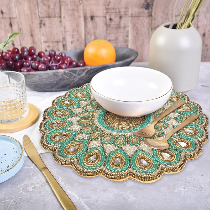 Bedding Craft BEDDING CRAFT Beaded Charger 13 Round Peacock Look  Premium Green and Gold Placemats for Dining Table  Elegant Beaded Charger Placemats  Perfect for Holidays Christmas and Special Occasions  - Image 5