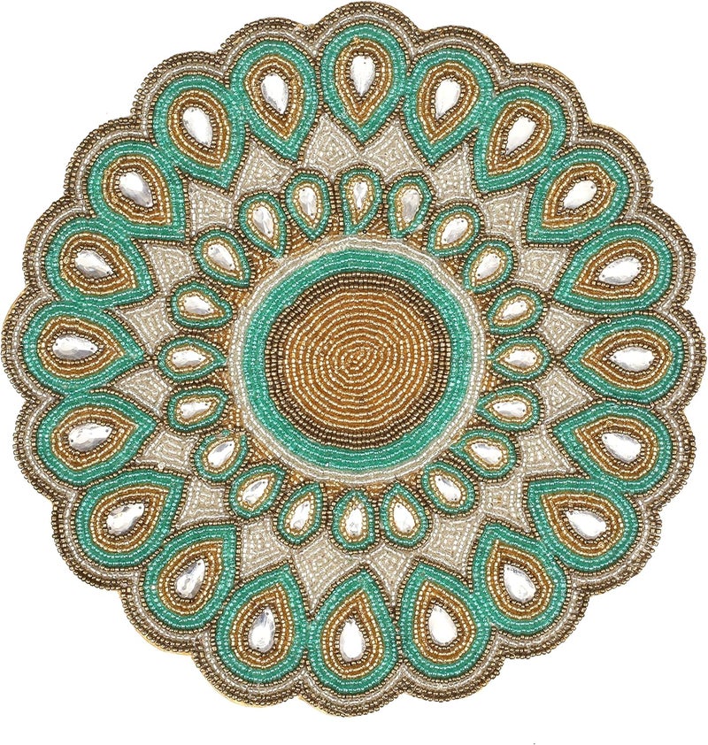 Bedding Craft BEDDING CRAFT Beaded Charger 13 Round Peacock Look  Premium Green and Gold Placemats for Dining Table  Elegant Beaded Charger Placemats  Perfect for Holidays Christmas and Special Occasions  - Image 2
