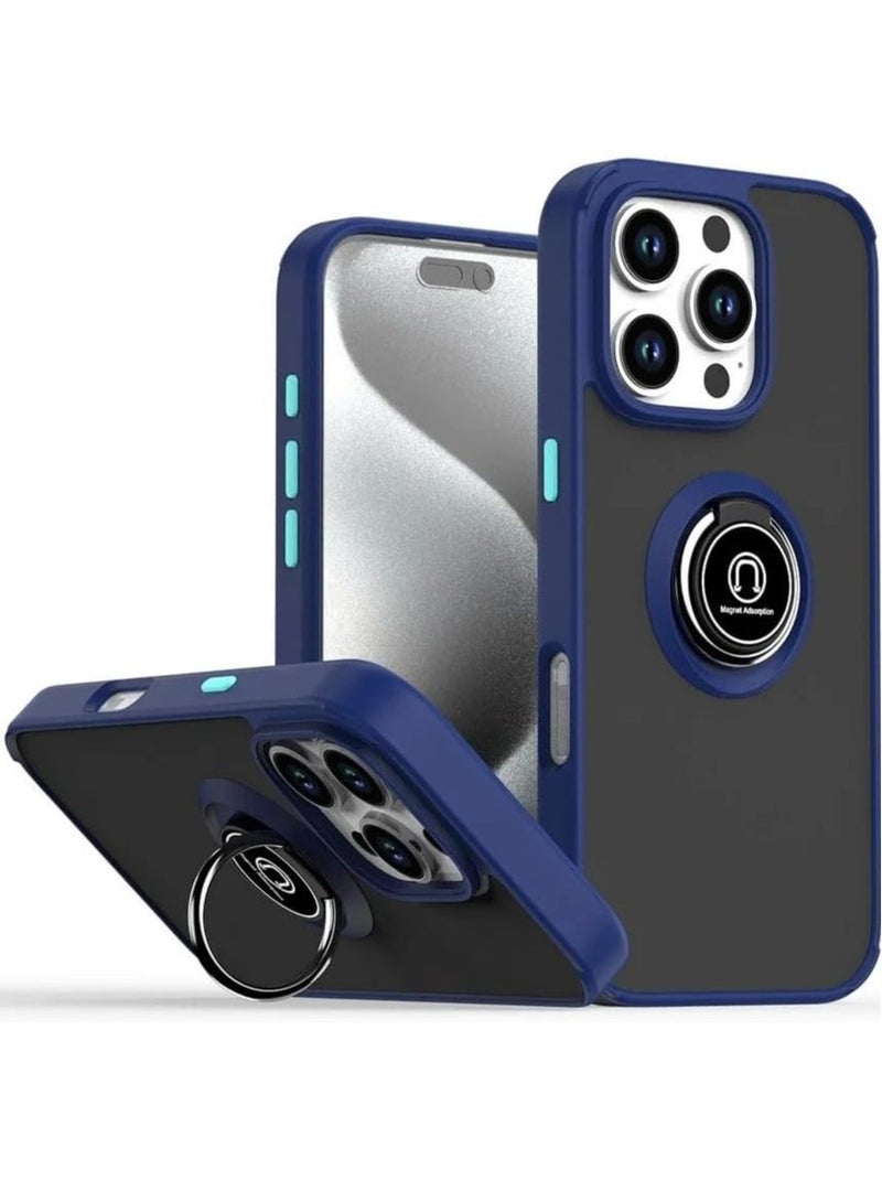 NEW iPhone 16 Case Cover – Blue Matte Shockproof Bumper with Metal Ring Holder Kickstand & Car Magnetic Mount - Image 1