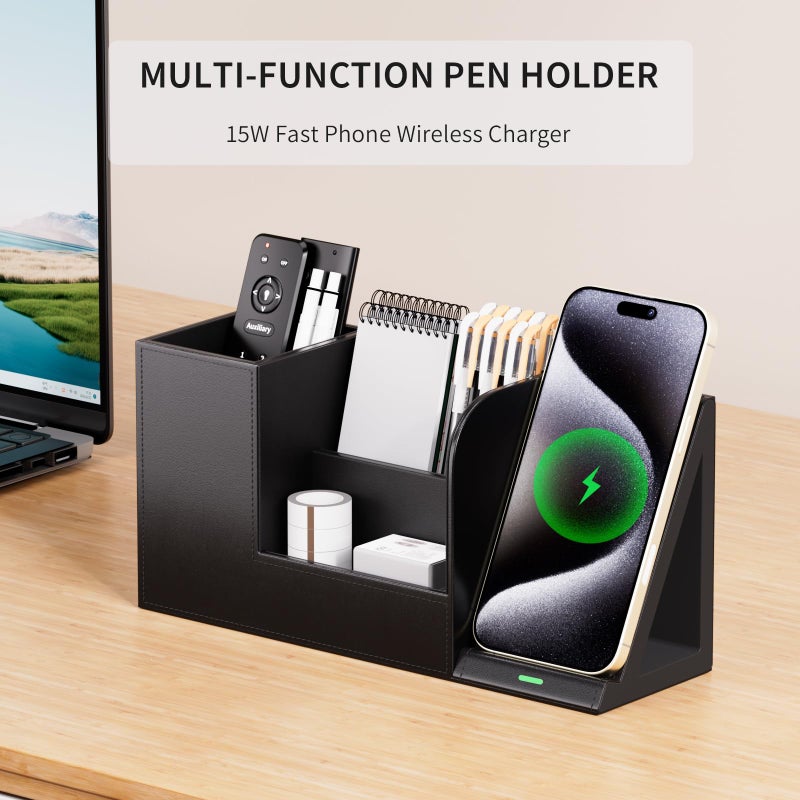 Ladstag Pen Organizer With Phone Stand Black Vegan Leather Desk Organizers With Remote Control Holder Pencil Holder For Desk Desk Organizer With Phone Charger For Office/Nightstand/Endtable - Image 2