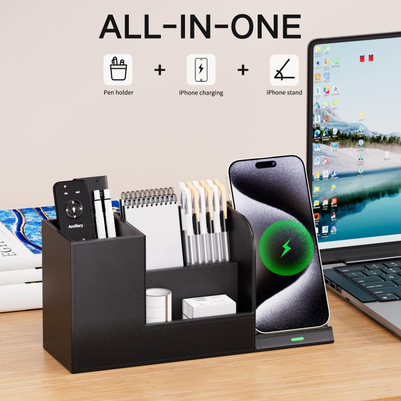 Ladstag Pen Organizer With Phone Stand Black Vegan Leather Desk Organizers With Remote Control Holder Pencil Holder For Desk Desk Organizer With Phone Charger For Office/Nightstand/Endtable - Image 3