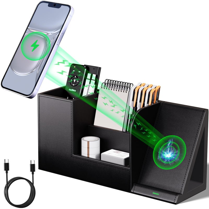 Ladstag Pen Organizer With Phone Stand Black Vegan Leather Desk Organizers With Remote Control Holder Pencil Holder For Desk Desk Organizer With Phone Charger For Office/Nightstand/Endtable - Image 1
