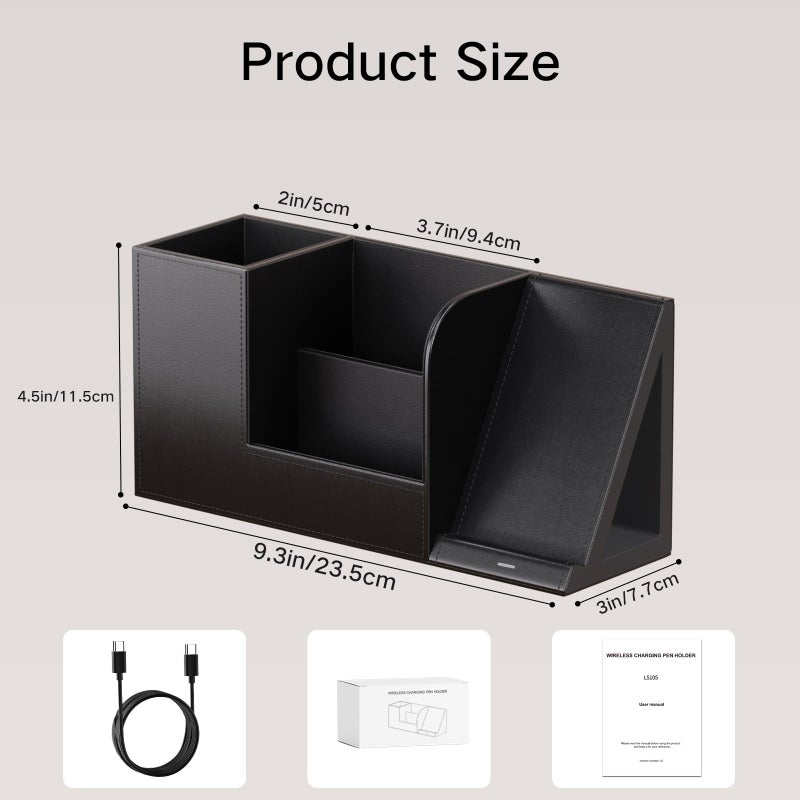 Ladstag Pen Organizer With Phone Stand Black Vegan Leather Desk Organizers With Remote Control Holder Pencil Holder For Desk Desk Organizer With Phone Charger For Office/Nightstand/Endtable - Image 4
