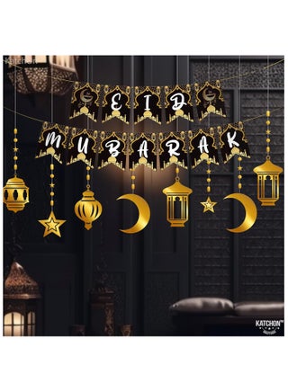 Black and Gold Eid Mubarak Banner and Garland Set Pack of 9 for Eid Decoration - view 4