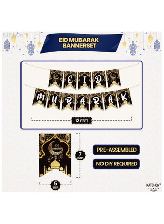 Black and Gold Eid Mubarak Banner and Garland Set Pack of 9 for Eid Decoration - view 2