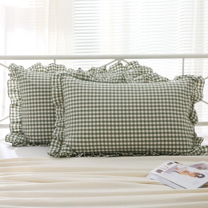 2 PACK SAGE GREEN GINGHAM RUFFLE PILLOW SHAMS KING SIZE 100 WASHED COTTON CHECKERED FARMHOUSE PILLOW COVERS FOR BEDSOFA ENVELOPE CLOSURE 20X36