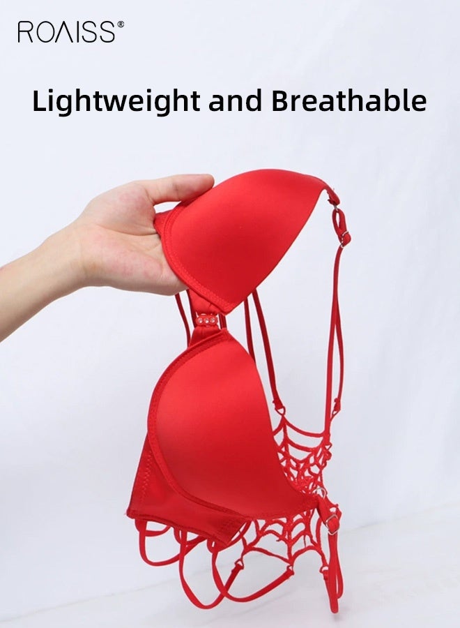 roaiss Women's Front Closure Push up Bra Beautiful Back Spider Web Back Underwear Bra Ladies Adjustable Spaghetti Strap Design Comfort Lingerie Strong Support Red - Image 2