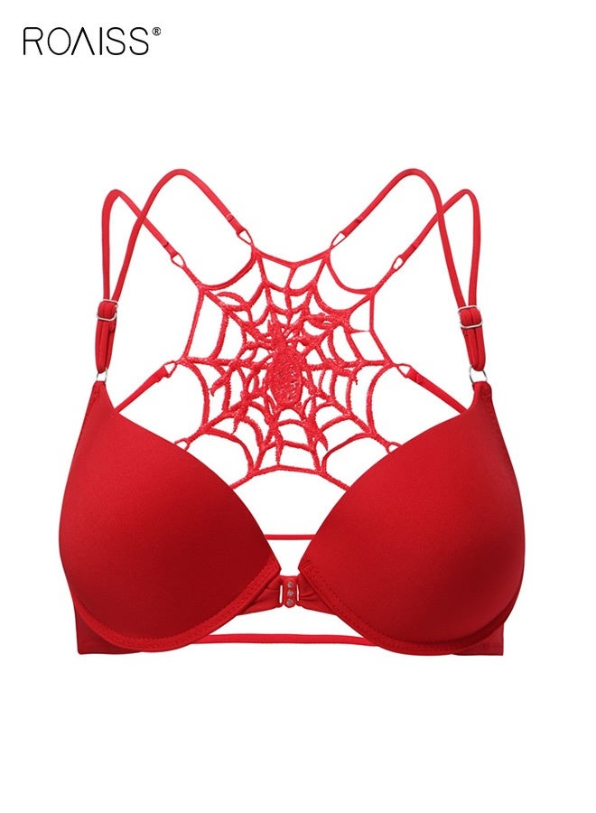 roaiss Women's Front Closure Push up Bra Beautiful Back Spider Web Back Underwear Bra Ladies Adjustable Spaghetti Strap Design Comfort Lingerie Strong Support Red - Image 1