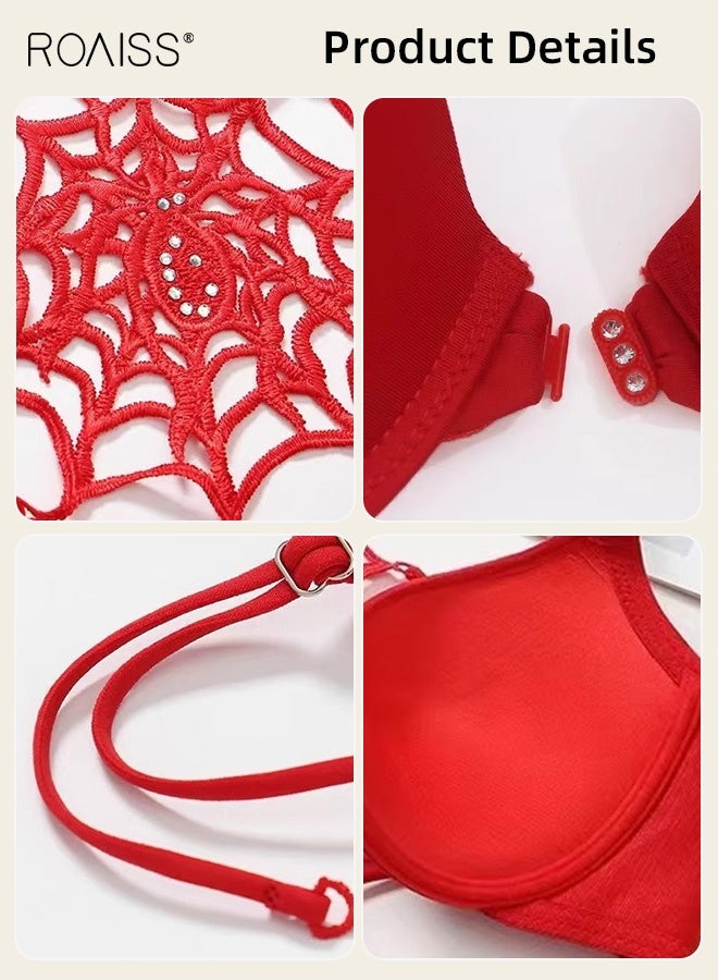 roaiss Women's Front Closure Push up Bra Beautiful Back Spider Web Back Underwear Bra Ladies Adjustable Spaghetti Strap Design Comfort Lingerie Strong Support Red - Image 5
