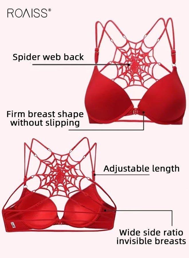 roaiss Women's Front Closure Push up Bra Beautiful Back Spider Web Back Underwear Bra Ladies Adjustable Spaghetti Strap Design Comfort Lingerie Strong Support Red - Image 3
