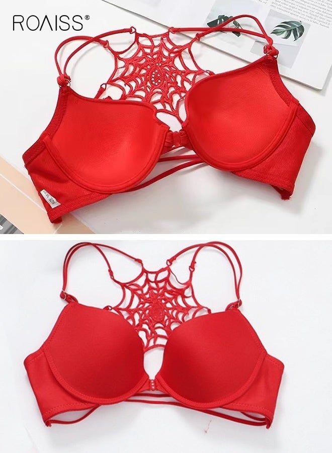 roaiss Women's Front Closure Push up Bra Beautiful Back Spider Web Back Underwear Bra Ladies Adjustable Spaghetti Strap Design Comfort Lingerie Strong Support Red - Image 4