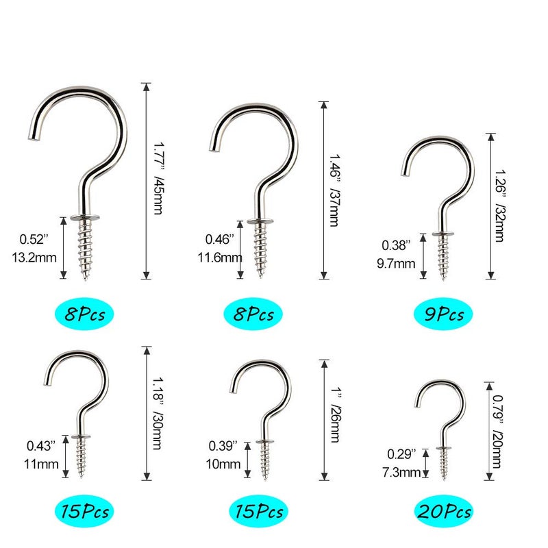 KUUQA 75 Pcs MultiSize Nickel Plated Metal Ceiling Hooks Screw Cup Hook Holder Silver - Image 2