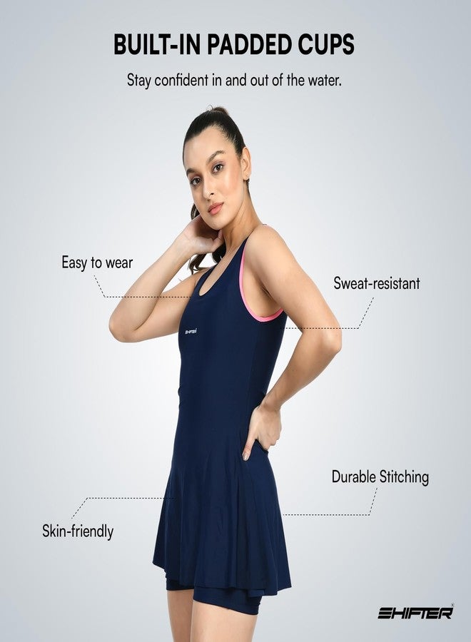 SHIFTER Women One-Piece Professional Swimsuit, Premium Comfort Sleeveless Swimwear Costume Beach Holiday Designer Wear (Large, Blue) - Image 3