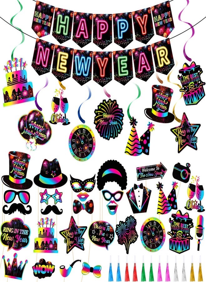 Civaner 51 Pcs New Years Eve Party Supplies 2025 Neon Happy New Year Banner Ceiling Hanging Swirls Photo Booth Props Blowers Noisemakers New Year Party Decoration Holiday Celebration Favors Home Decor - Image 1