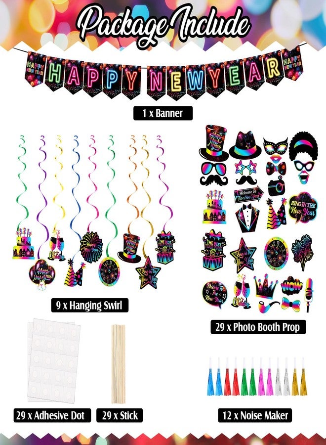 Civaner 51 Pcs New Years Eve Party Supplies 2025 Neon Happy New Year Banner Ceiling Hanging Swirls Photo Booth Props Blowers Noisemakers New Year Party Decoration Holiday Celebration Favors Home Decor - Image 4