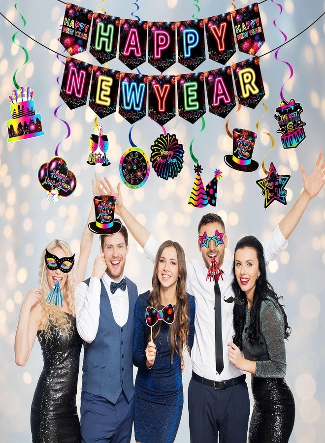 Civaner 51 Pcs New Years Eve Party Supplies 2025 Neon Happy New Year Banner Ceiling Hanging Swirls Photo Booth Props Blowers Noisemakers New Year Party Decoration Holiday Celebration Favors Home Decor - Image 2
