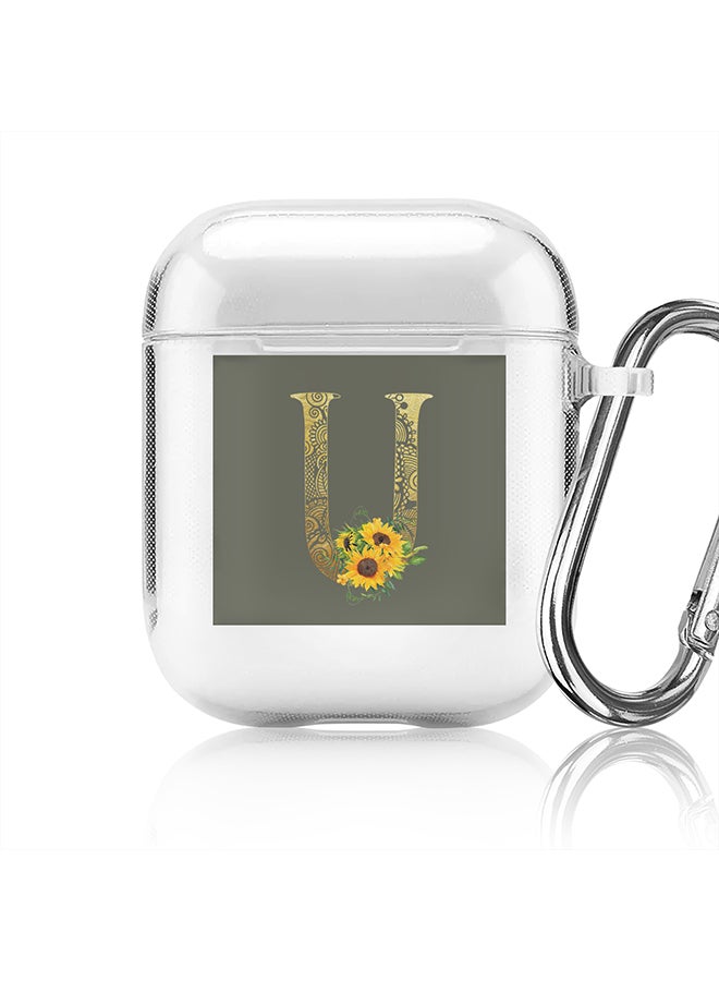 Stylizedd Classic Clear printed Case for Apple Airpods 2 / 1 Soft TPU Gel Thin Transparent Flexible Cover - Custom Monogram Initial Letter Mandala Floral Pattern Alphabet - U (Olive Green ) - Image 1