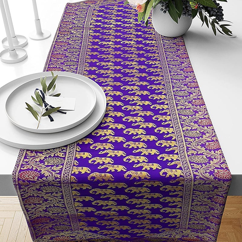 E EZRA Diwali Decorative Silk Table Runner Brocade Jacquard Long Runner Dinning Table 16 Inches X 60 Inches Purple