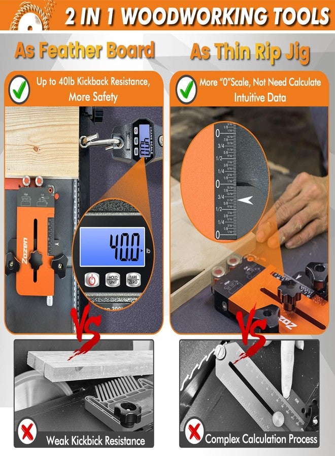 ZOZEN Thin Rip Jig + Feather Boards for Table Saw Jig Guide, Zozen 2in1 Woodworking Tools, Make Repetitive Strip Cut While Powerful Reducing Kickback, Directly Data without Calculation, for 3/4"X3/8"T Slots - Image 2