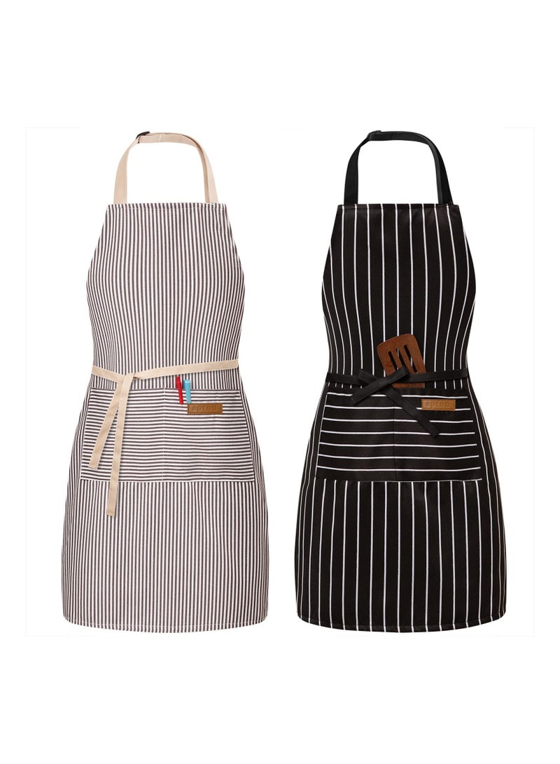 KASTWAVE 2Pcs Kitchen Cooking Apron for Men Women, Adjustable Bib Aprons with Pockets, Soft Chef Apron Cooking Apron, Black/Grey Stripes - Image 1