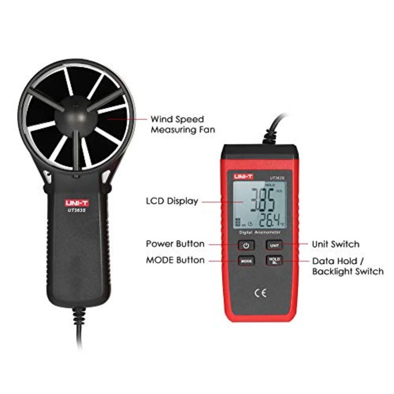 عداد سرعة الرياح، Ut363S Mini LCD مقياس شدة الريح الرقمي المحمول لقياس سرعة الرياح، جهاز اختبار درجة حرارة سرعة الهواء - Image 5
