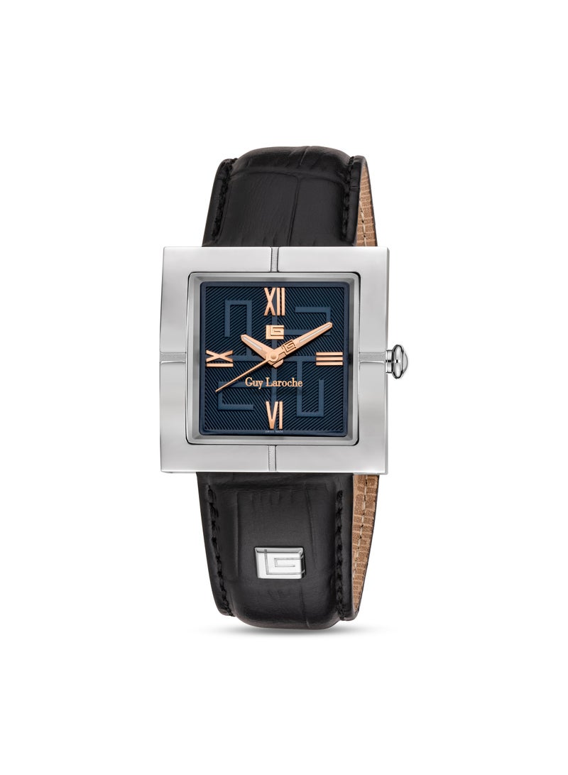Guy Laroche ساعة كاميل للرجال 31 مم مصنوعة في سويسرا بقرص أزرق وحزام جلد أسود - Image 1
