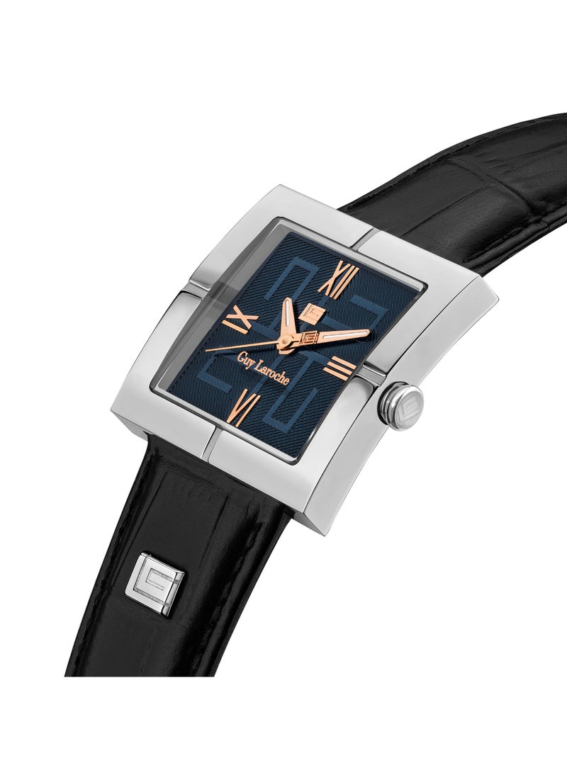 Guy Laroche ساعة كاميل للرجال 31 مم مصنوعة في سويسرا بقرص أزرق وحزام جلد أسود - Image 2