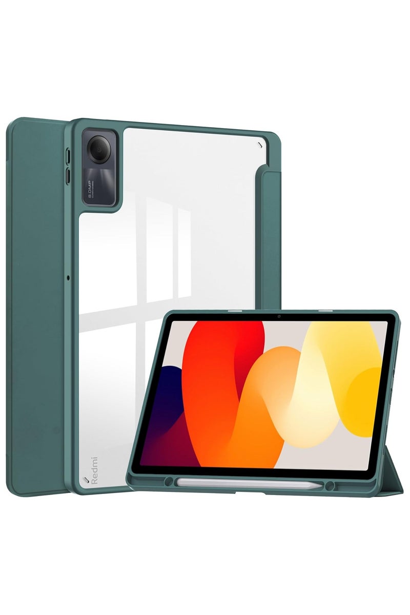 Tablet Case for Xiaomi Redmi Pad SE, Slim Trifold Cover with Pen Holder, Shockproof Case with Clear Back Cover for Redmi Pad SE, Auto Wake/Sleep (Green, Xiaomi Redmi Pad SE) - Image 1