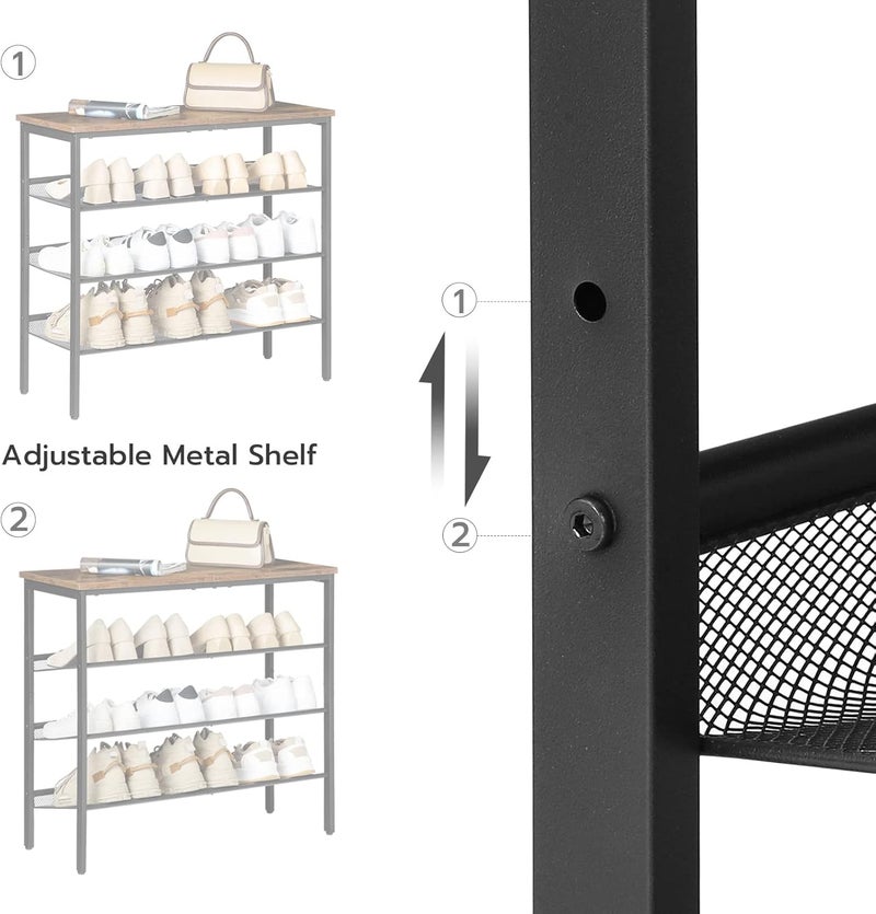 HOOBRO Shoe Rack for Entryway, 4-Tier Shoe Organizer with Adjustable Mesh Shelves, 12-16 Pairs of Shoes, Spacious Floor Mount, Metal, Industrial, Shoe Shelf for Closet, Rustic Brown EBF42XJ01 - Image 3