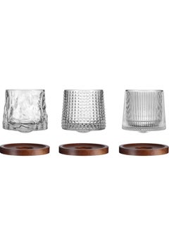 Vitacelli Set of 3Pcs Rotatable Tumbler Crystal Glass Cups,160ML Drinking Glasses with Creative Walnut Coasters  - Image 1