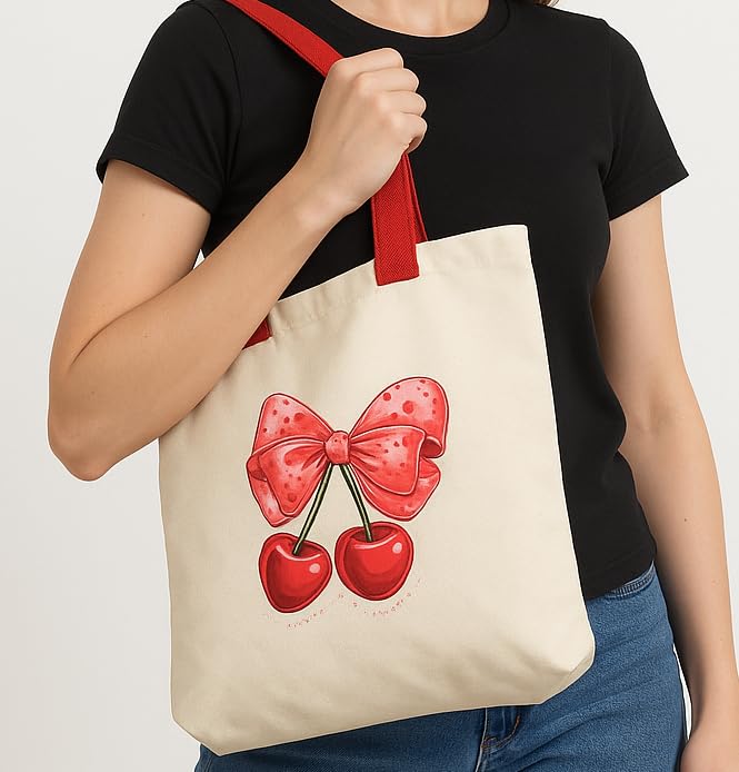 ECOCARRY Cotton Tote Bag for Women | Stylish Floral Printed Canvas Shoulder Handbag | Casual Ladies Tote for College, Office, Daily Use, Shopping, Travel & Beach (Bow with cherry) - Image 2