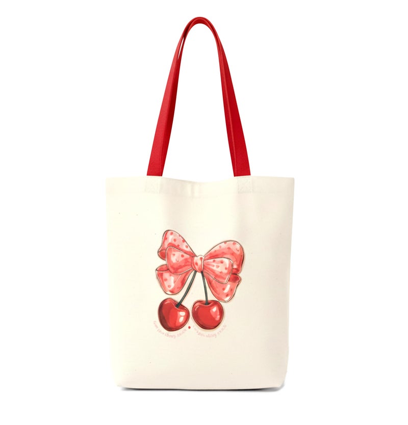 ECOCARRY Cotton Tote Bag for Women | Stylish Floral Printed Canvas Shoulder Handbag | Casual Ladies Tote for College, Office, Daily Use, Shopping, Travel & Beach (Bow with cherry) - Image 1