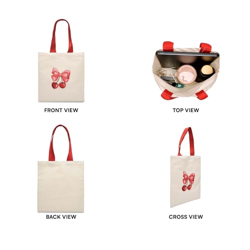 ECOCARRY Cotton Tote Bag for Women | Stylish Floral Printed Canvas Shoulder Handbag | Casual Ladies Tote for College, Office, Daily Use, Shopping, Travel & Beach (Bow with cherry) - Image 4