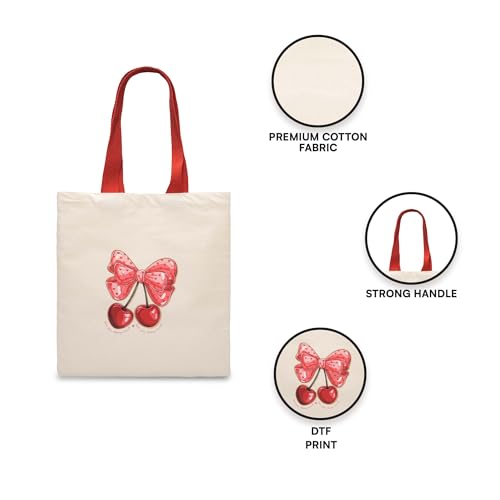 ECOCARRY Cotton Tote Bag for Women | Stylish Floral Printed Canvas Shoulder Handbag | Casual Ladies Tote for College, Office, Daily Use, Shopping, Travel & Beach (Bow with cherry) - Image 5