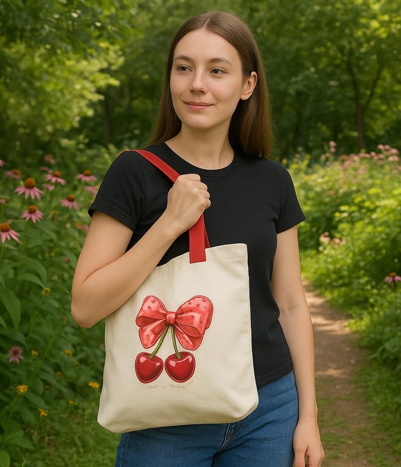 ECOCARRY Cotton Tote Bag for Women | Stylish Floral Printed Canvas Shoulder Handbag | Casual Ladies Tote for College, Office, Daily Use, Shopping, Travel & Beach (Bow with cherry) - Image 3