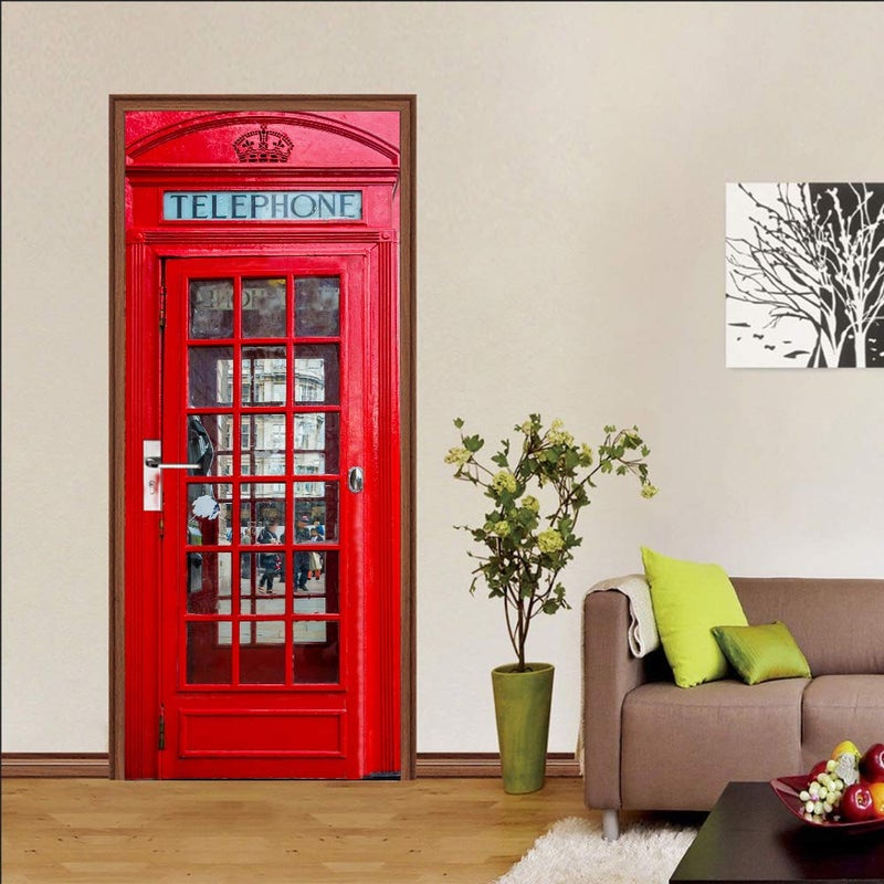 VIRANDA 3D Door Stickers Murals Peel and Stick - Telephone Booth - Decals Self-Adhesive Wallpaper Removable PVC Waterproof Poster for Bedroom Living Room 30.3" x 78.7" - Image 2