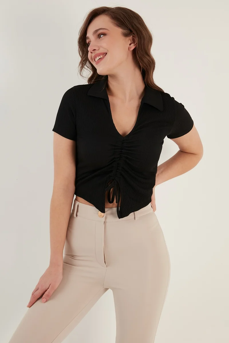 Lela Gather Detailed Polo Neck Slim Cut Crop Blouse Women's Blouse 5865014