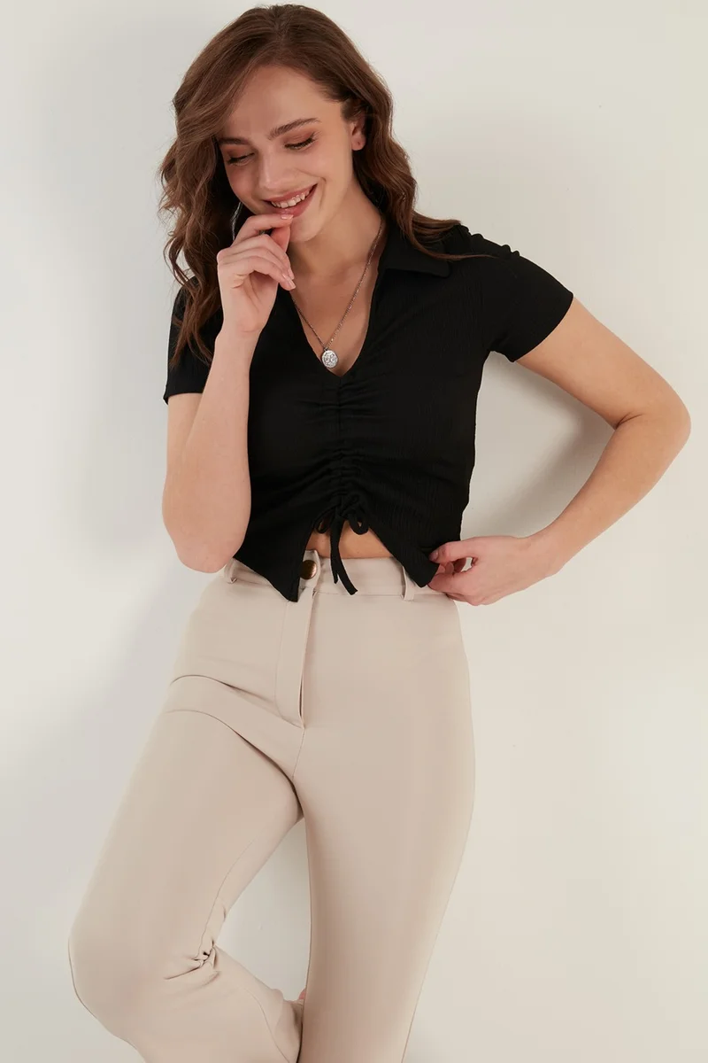 Lela Gather Detailed Polo Neck Slim Cut Crop Blouse Women's Blouse 5865014