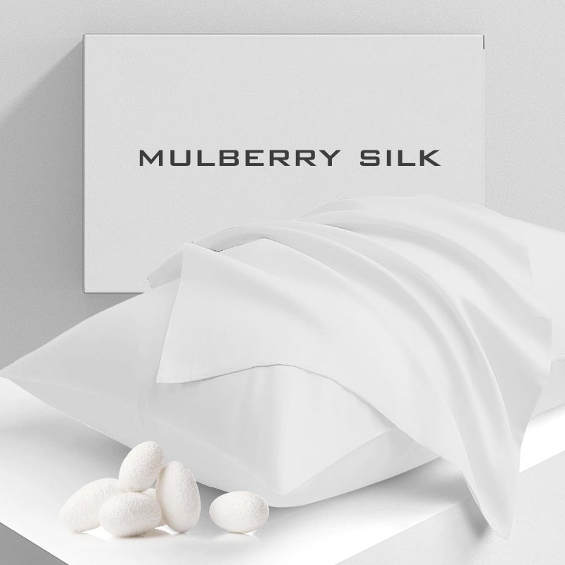 COBNOM PURE MULBERRY SILK PAILOWCASES مجموعة من حالات وسادة الحرير بحجم كوين - الصف - 6A 19 موم بارد ناعم ناعم مع شعر سستة وصديقة للجلد (أبيض 20x30 بوصة) - Image 1