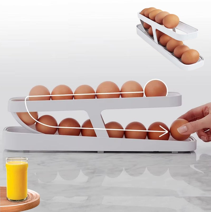 شيك سكوير منظم بيض أوتوماتيكي من طبقتين - حاوية تخزين بيض بلاستيكية للثلاجة، منظم تخزين للمطبخ، منظم ثلاجة، صينية بيض، أجهزة مطبخ، منظم خزانة - Image 1
