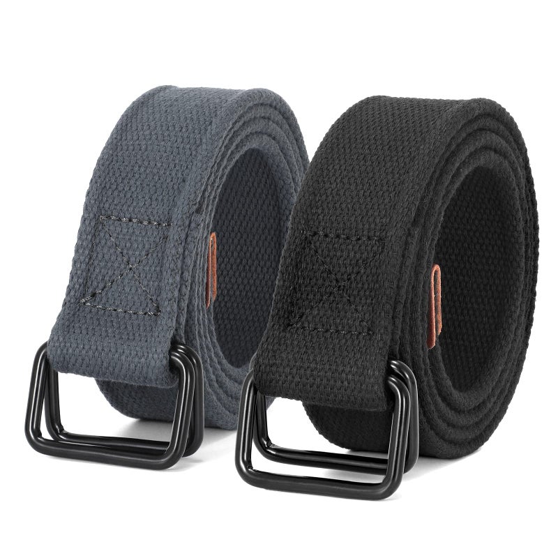 JASGOOD Men Canvas Belt Web Fabric Casual Work Belt with Black D Ring Set of 2(Black+Gray,Fit Waist Size 34-39 Inch) - Image 1