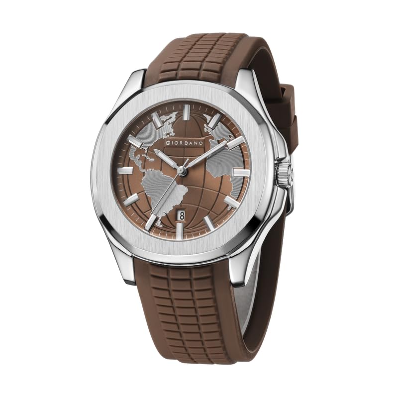Giordano Stylish World Map Design Analog Watch for Men with Silver Case Round Dial, Textured Silicone Strap, Water Resistant and Date Display Function - GZ-50147 - Image 1