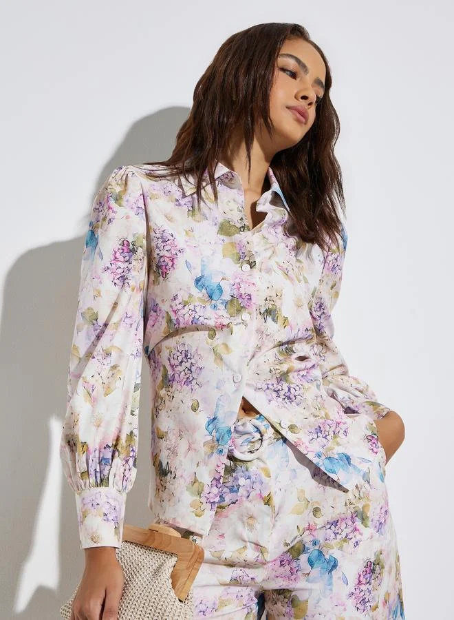Styli Off White Floral Print Long Sleeve Shirt