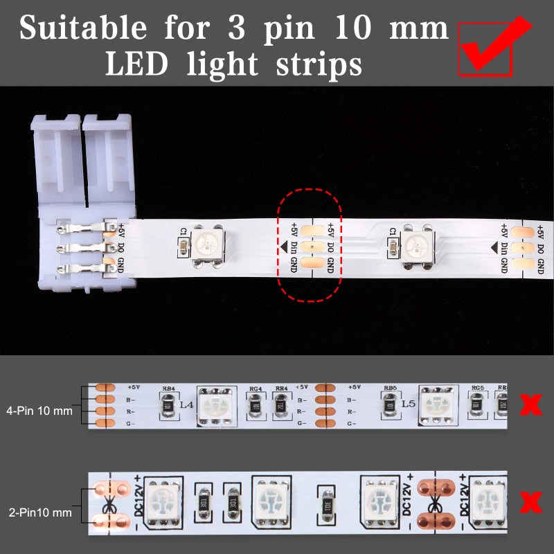 Mudder 28 Pieces 3 Pin LED Connector LED Strip Connector 10 mm Solderless LED Light Connector L Shape LED Lights Extension T Shape Solderless LED Adapter Connectors for WS2811 WS2812B SK6812 LED Strip - Image 3
