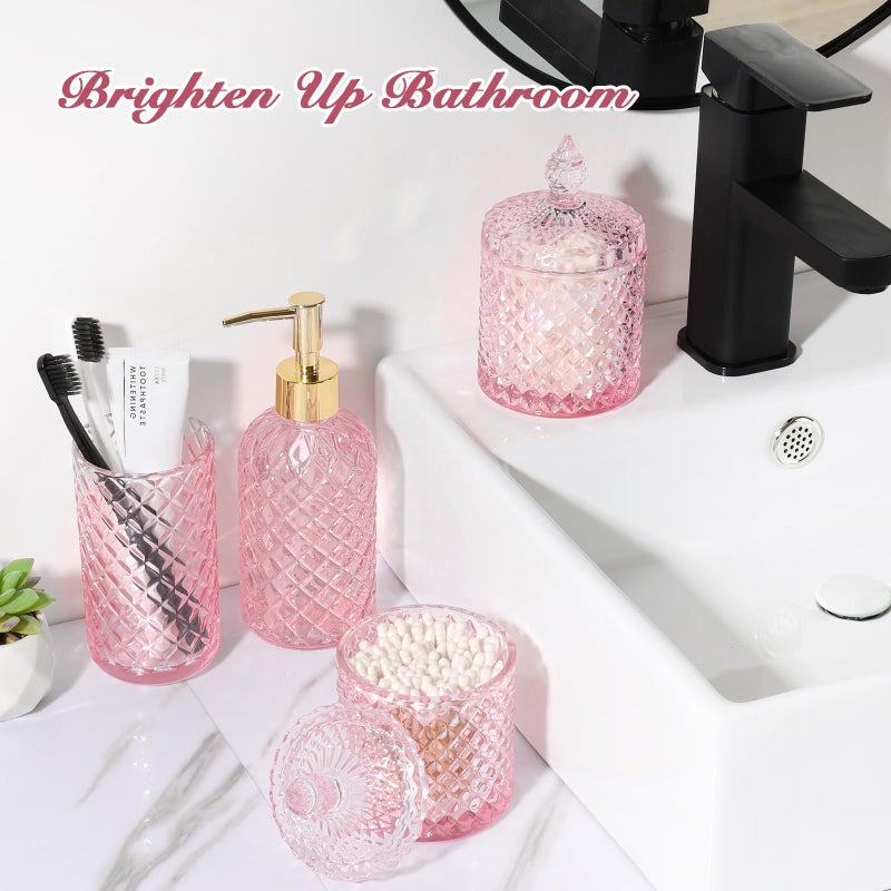 RYTOXILO Pink Bathroom Accessories Set, 4 Pack Pink Bathroom Decor Accessory Sets Complete, Diamond Glass Soap Dispenser and Toothbrush Holder Set for Bath Counter Organizer Essentials - Image 5