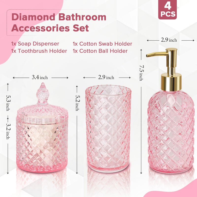 RYTOXILO Pink Bathroom Accessories Set, 4 Pack Pink Bathroom Decor Accessory Sets Complete, Diamond Glass Soap Dispenser and Toothbrush Holder Set for Bath Counter Organizer Essentials - Image 2