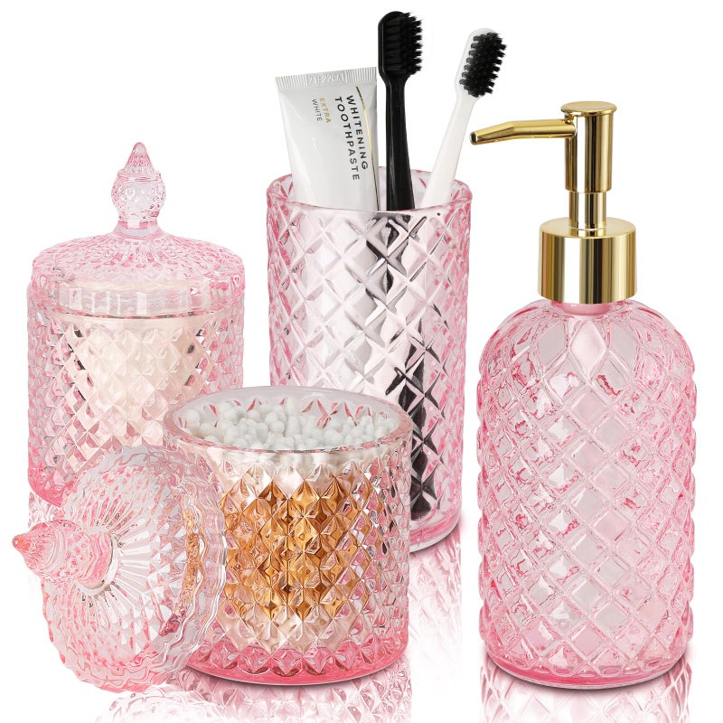 RYTOXILO Pink Bathroom Accessories Set, 4 Pack Pink Bathroom Decor Accessory Sets Complete, Diamond Glass Soap Dispenser and Toothbrush Holder Set for Bath Counter Organizer Essentials - Image 1