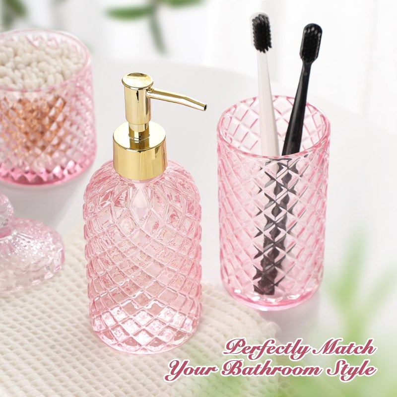 RYTOXILO Pink Bathroom Accessories Set, 4 Pack Pink Bathroom Decor Accessory Sets Complete, Diamond Glass Soap Dispenser and Toothbrush Holder Set for Bath Counter Organizer Essentials - Image 3