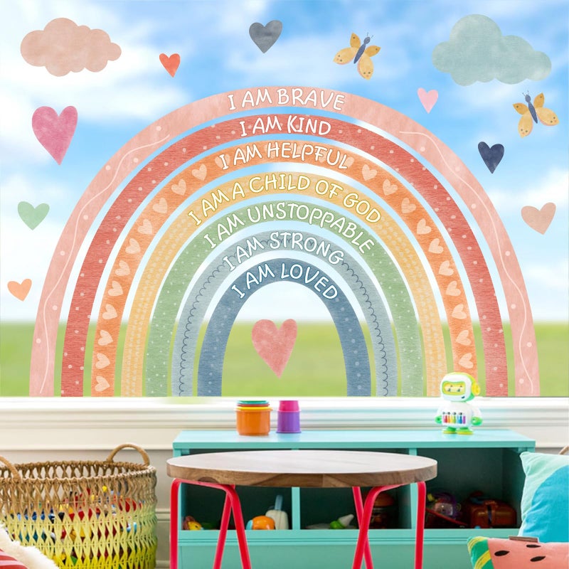 HATARU Large Rainbow Window Stickers Kids Inspirational Window Decals Peel and Stick Double Sided Rainbow Window Clings Anti Collision Motivational Window Decals for Nursery Playroom Classroom Bedroom Decor - Image 1