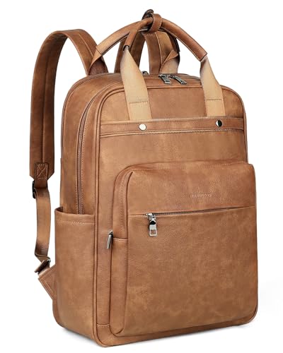 MASINTOR Leather Laptop Backpack for Women Stylish Computer Backpack College Business Work Shoulder Bags Work and Travel Mocha Brown - Image 1